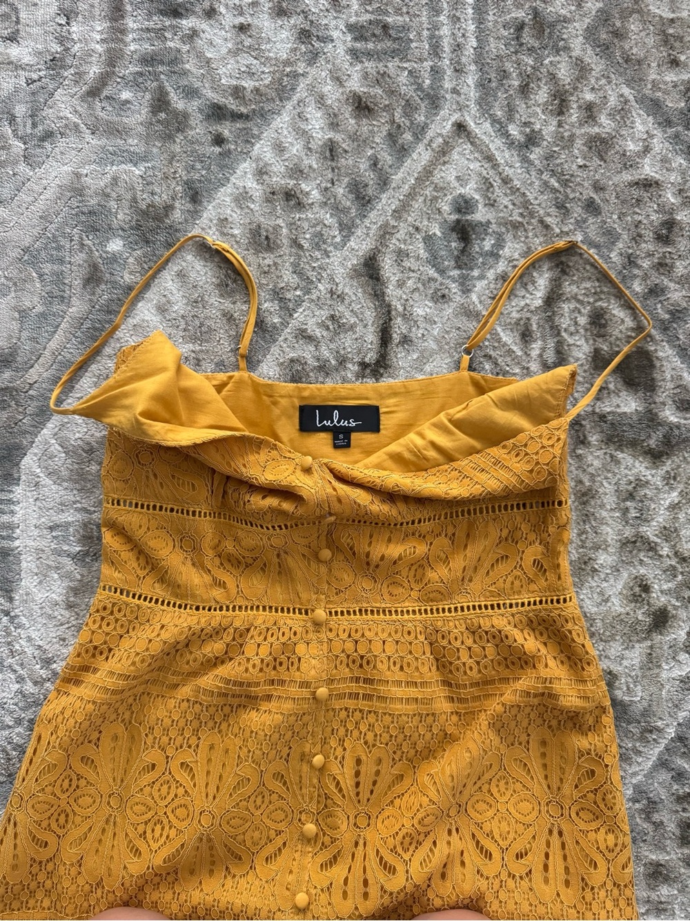 Lulus Robyn Mustard Yellow Spaghetti Strap Lace Button-Up Midi Dress - Picture 6 of 9